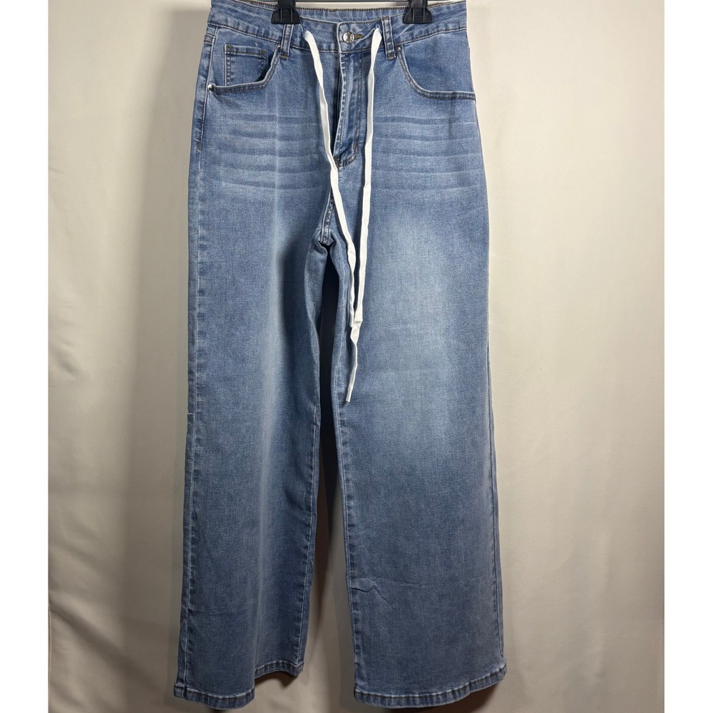 Light Wash Wide Leg Drawstring High Rise Denim Jeans Blue Relaxed Slouchy Fit